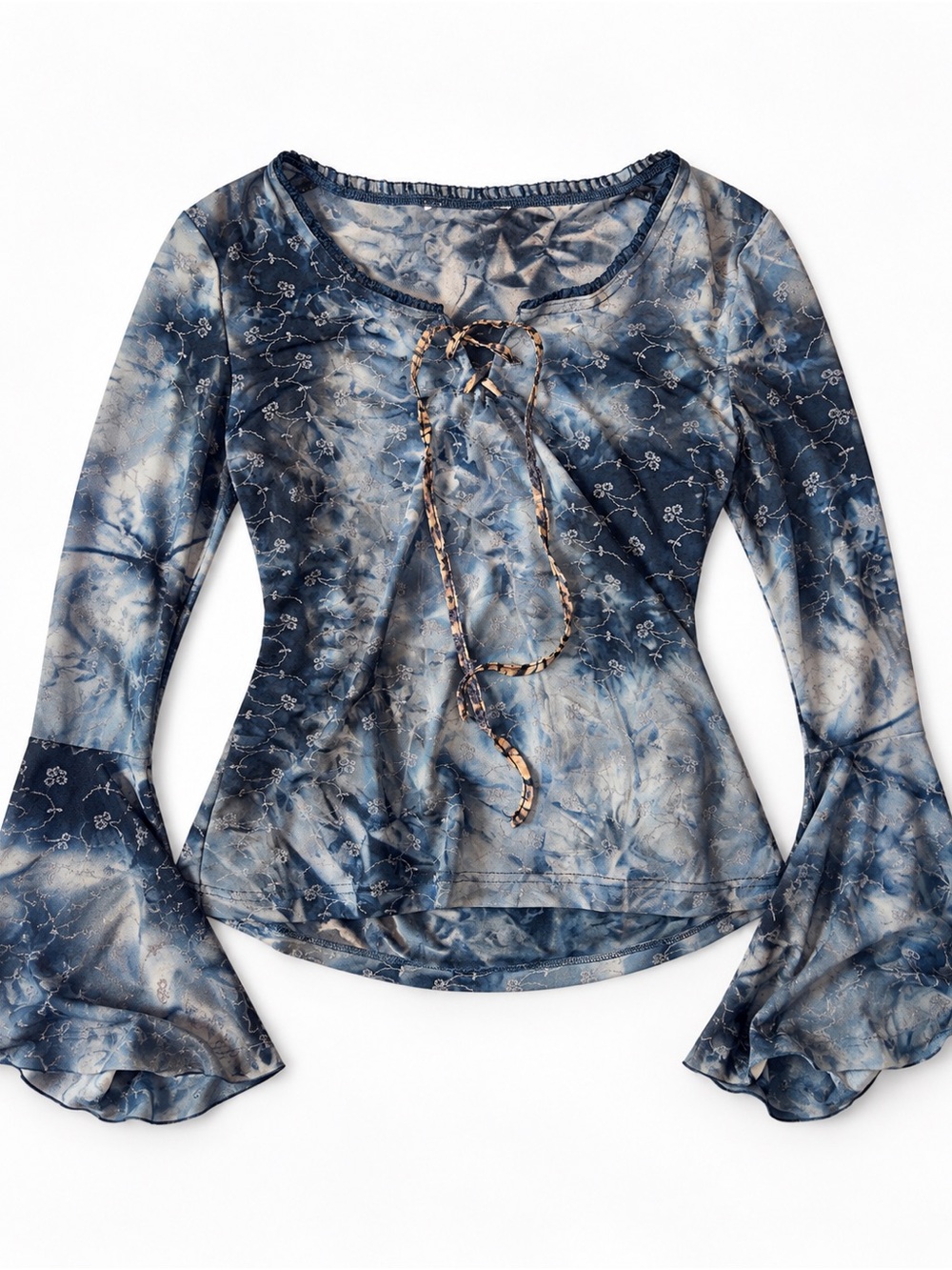 Reitmans Y2K Blue Mesh Floral Bell Sleeve Tie Front Top Size M